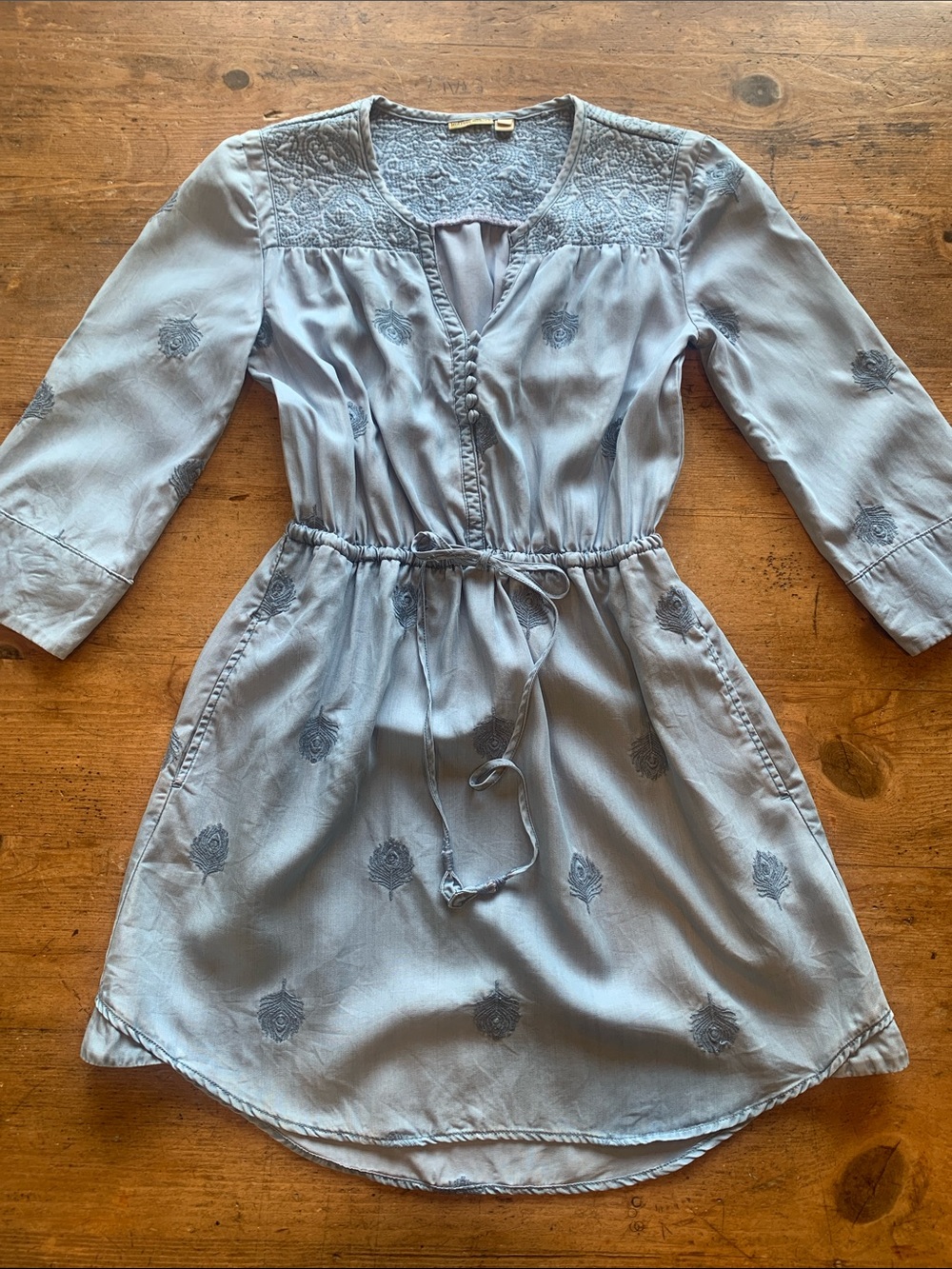 Embroidered Chambray Light Blue Tie-Waist Dress